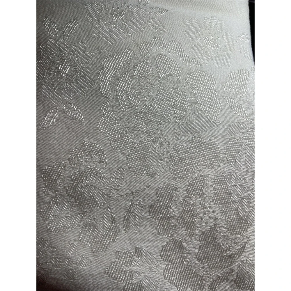 Vintage Rectangle Cream Linen Tablecloth & 6 Napkins Embroidered Scroll Design